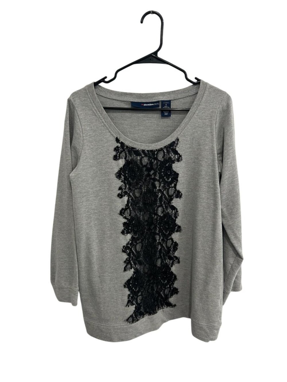 Denim 24/7 Small Gray Scoop Neck Top Black Lace Accent Cotton Blend Retro Gothic